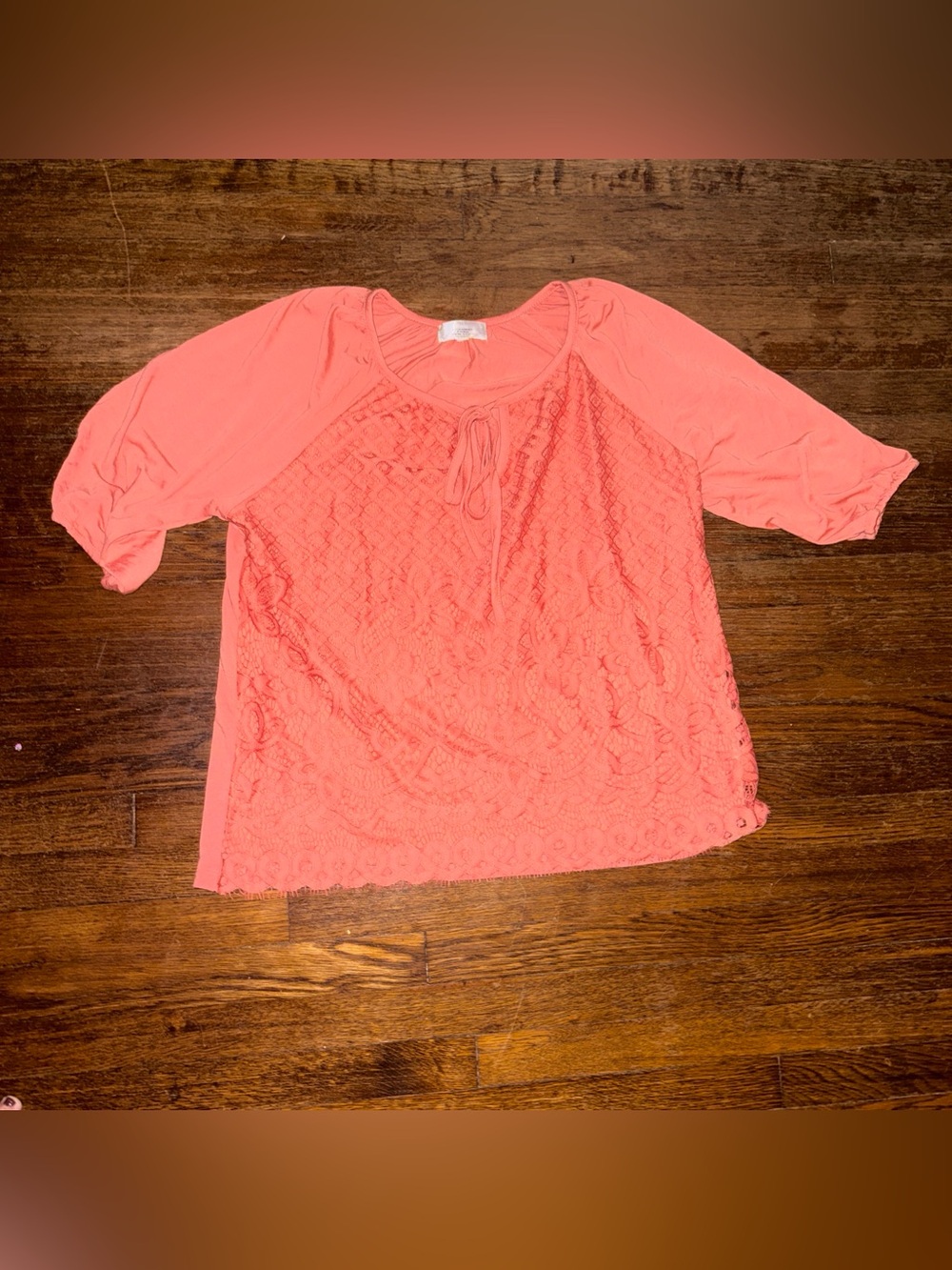 Boho Coastal Romantic Coral Salmon Feminine Lace Overlay Front-Tie Blouse